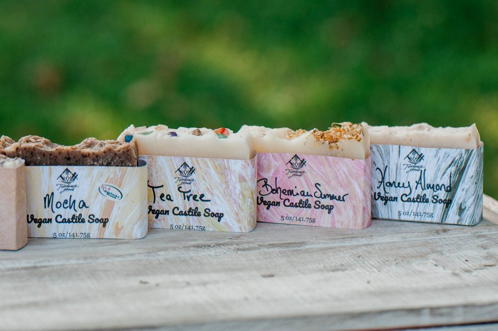 Photo of our vegan cold process soaps, fragrances include mocha, tea tree, Bohemian Summer, and honey almond